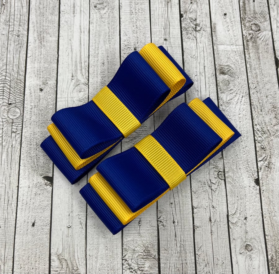 Cobalt Blue and Yellow Gold 3 inch Straight Bows on Clips (pair)