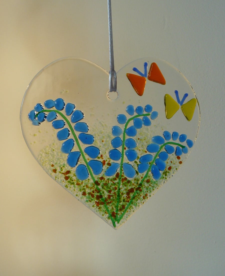 Fused Glass Heart Shaped Bluebell Hanging Decoration
