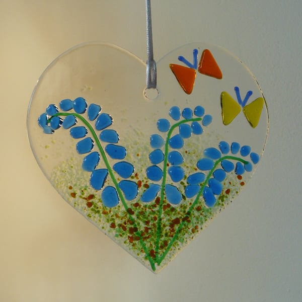 Fused Glass Heart Shaped Bluebell Hanging Decoration