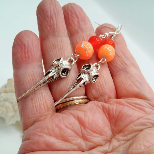 Bird's Skull Charm Earrings with Orange Beads, Beaded Earrings