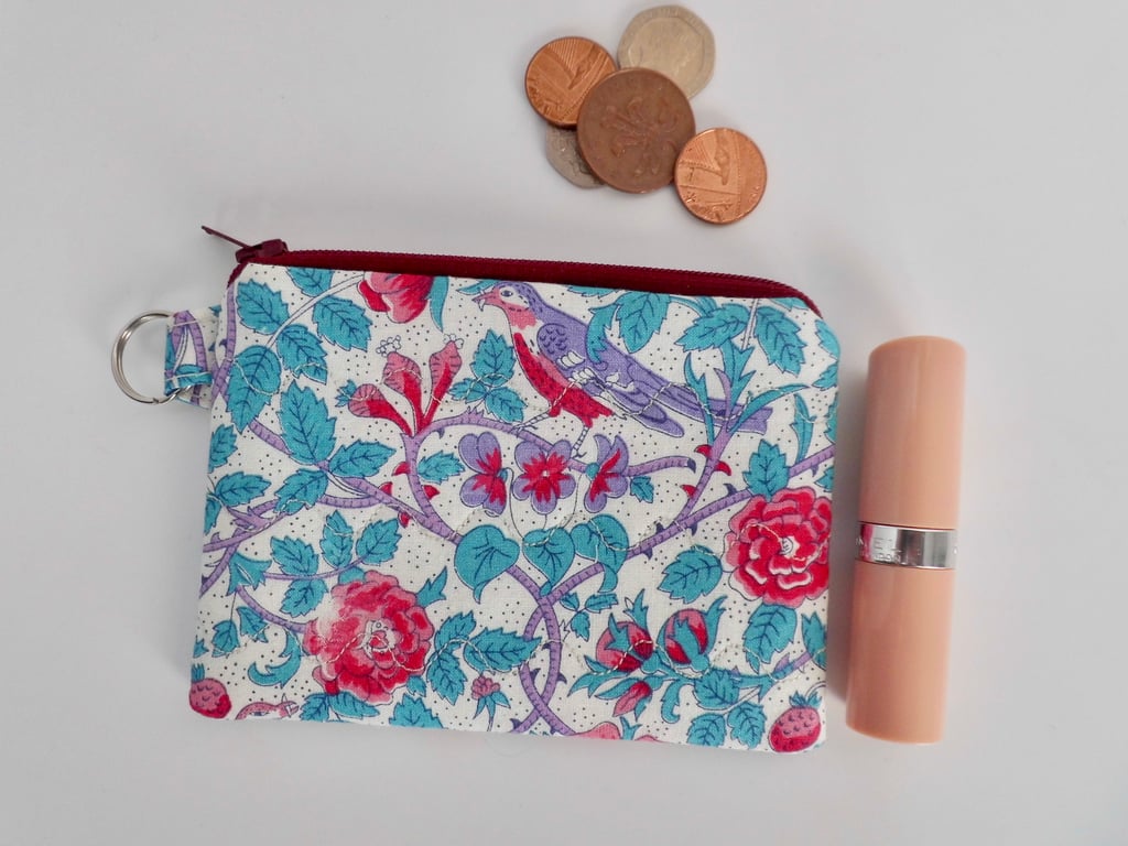 Coin purse perfectly imperfect in bird and flowers Liberty fabric pink and green