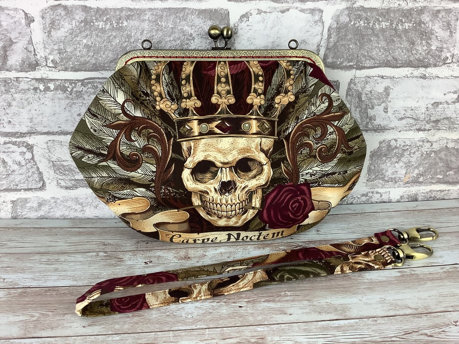 Gothic crown and skulls roses medium fabric frame clutch handbag Kiss clasp