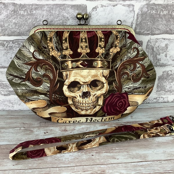 Gothic crown and skulls roses medium fabric frame clutch handbag Kiss clasp