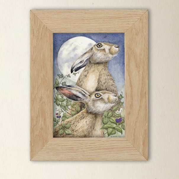 Moonlight Hares Art Print - A5 Scottish wildlife illustration