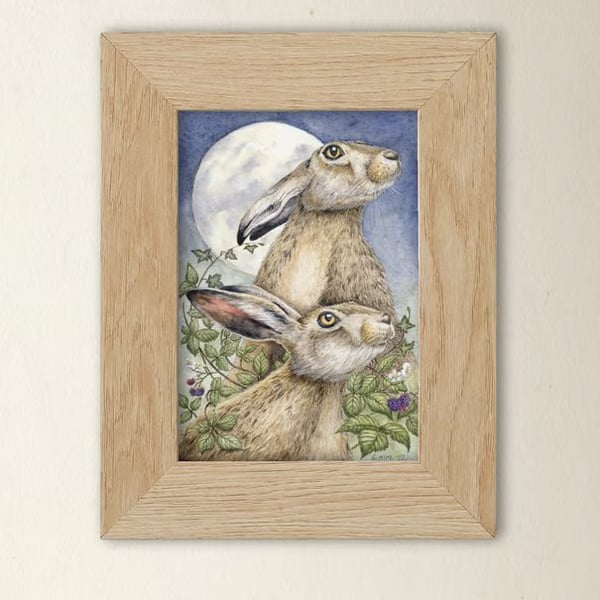 Moonlight Hares Art Print - A5 Scottish wildlife illustration