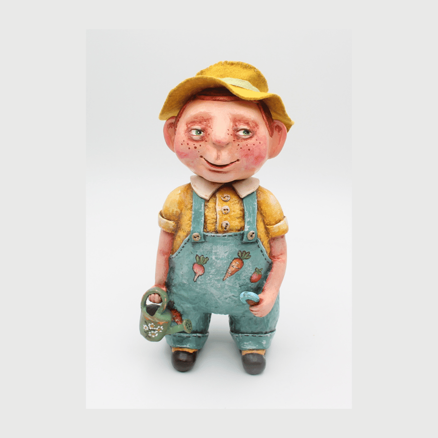 Decorative handmade boy doll, the Gardener. Whimsical OOAK Figurine.Paper clay.