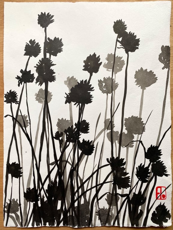 Botanical art, Garden Chives, shadow painting, original, handmade, signed