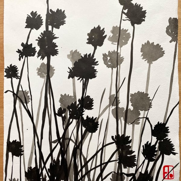 Botanical art, Garden Chives, shadow painting, original, handmade, signed
