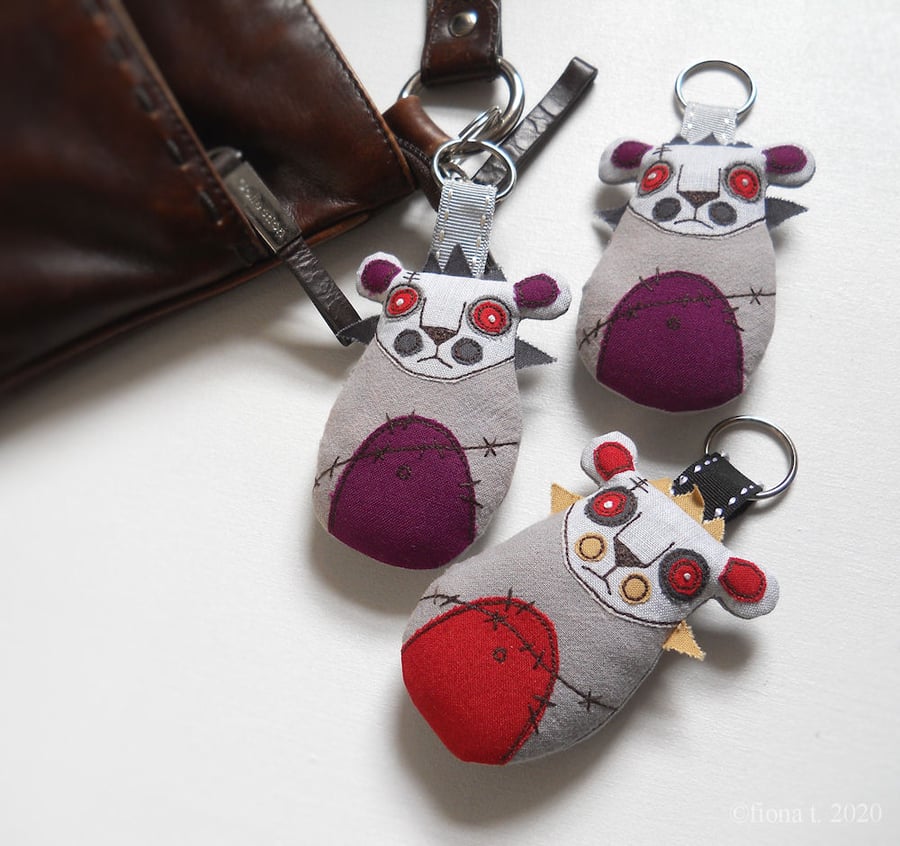freehand embroidered zombie lion bag charm or keyring - red