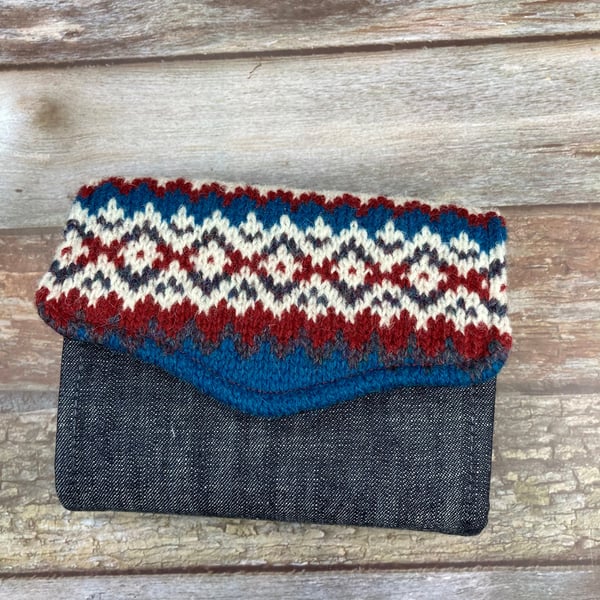 Blue Red & White Fair Isle Purse , Unique Knitted Purse Wallet, Handmade in Shet