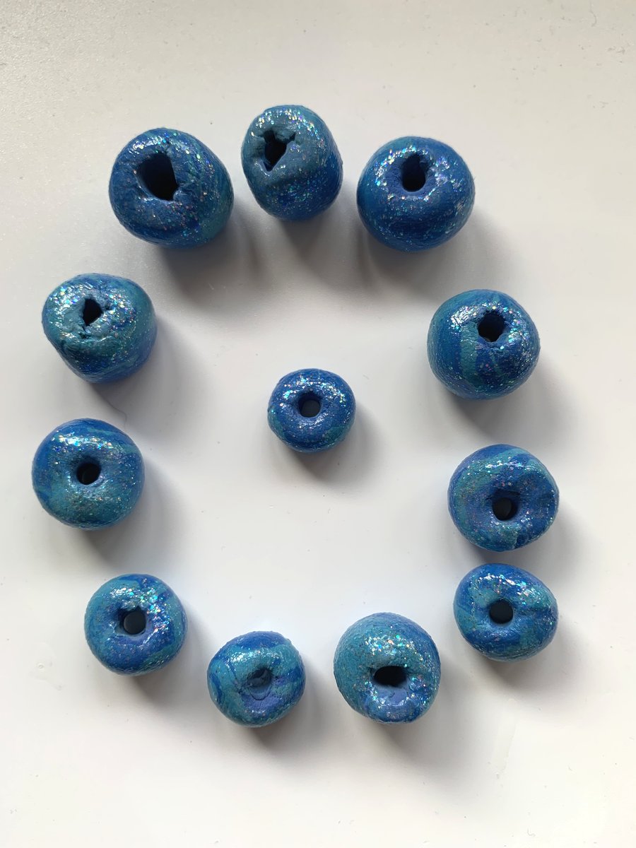 12 Handmade Beads perfectly imperfect Turquoise Royal Blue Sparkle Chunky