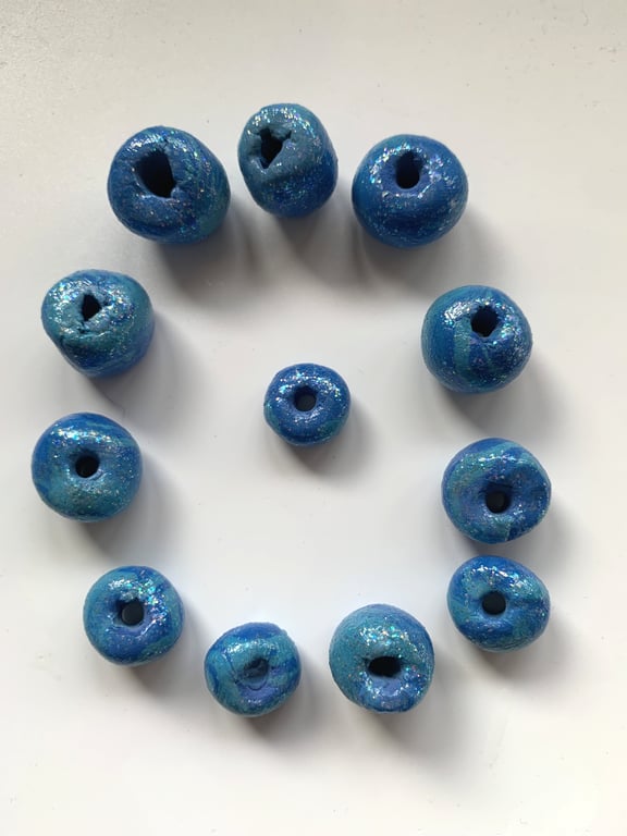 12 Handmade Beads perfectly imperfect Turquoise Royal Blue Sparkle Chunky