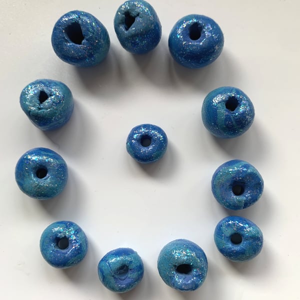 12 Handmade Beads perfectly imperfect Turquoise Royal Blue Sparkle Chunky