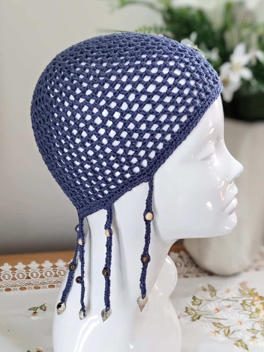 Braided Dusky Blue Mesh Crochet Skull Cap with Wooden Beads and Shells