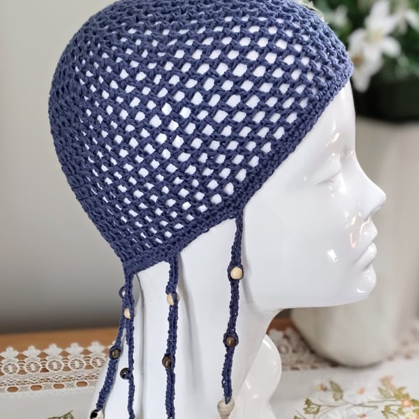 Braided Dusky Blue Mesh Crochet Skull Cap with Wooden Beads and Shells