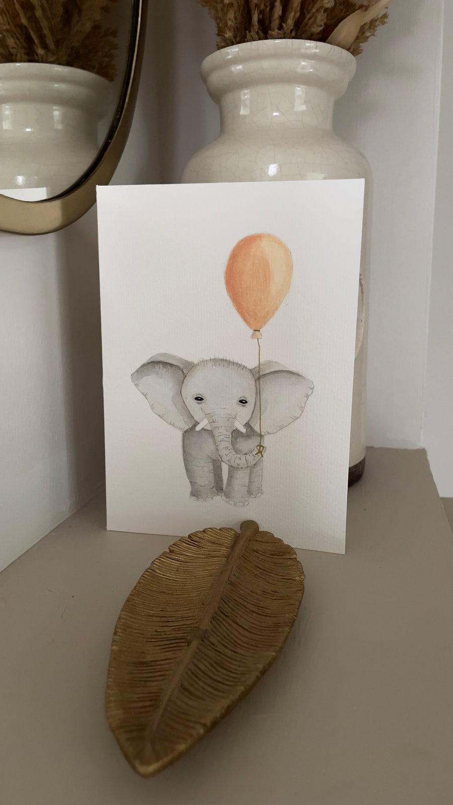 Hand painted baby elephant greeting card with pink balloon