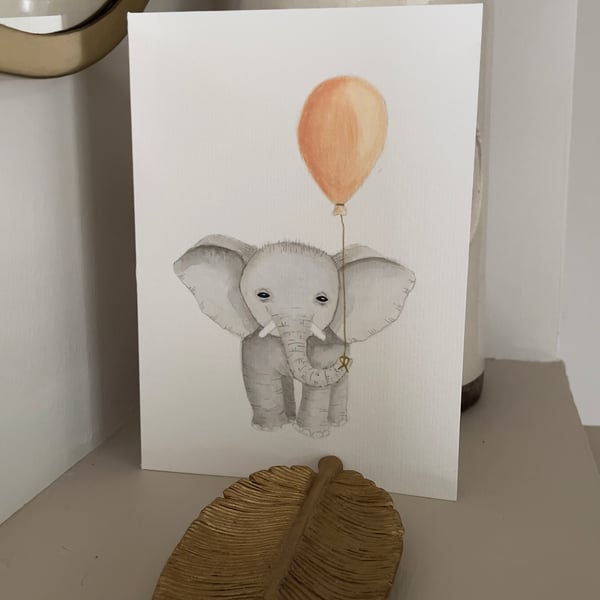 Hand painted baby elephant greeting card with pink balloon