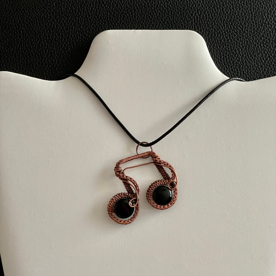Wire Wrapped Black Agate Musical Note Pendant