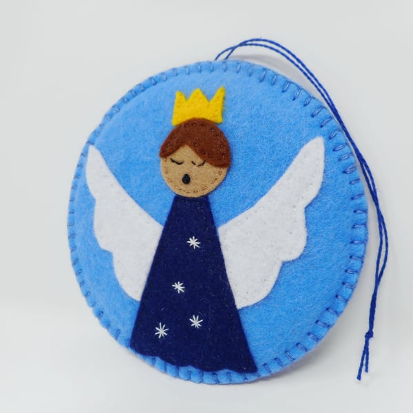 Blue felt hand sewn Guardian Angel hanging decoration