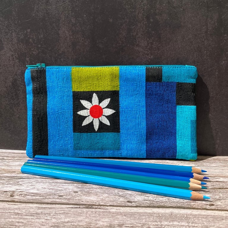 'Eleonore' Pencil Case, 1960s French Vintage Barkcloth Fabric, Turquoise