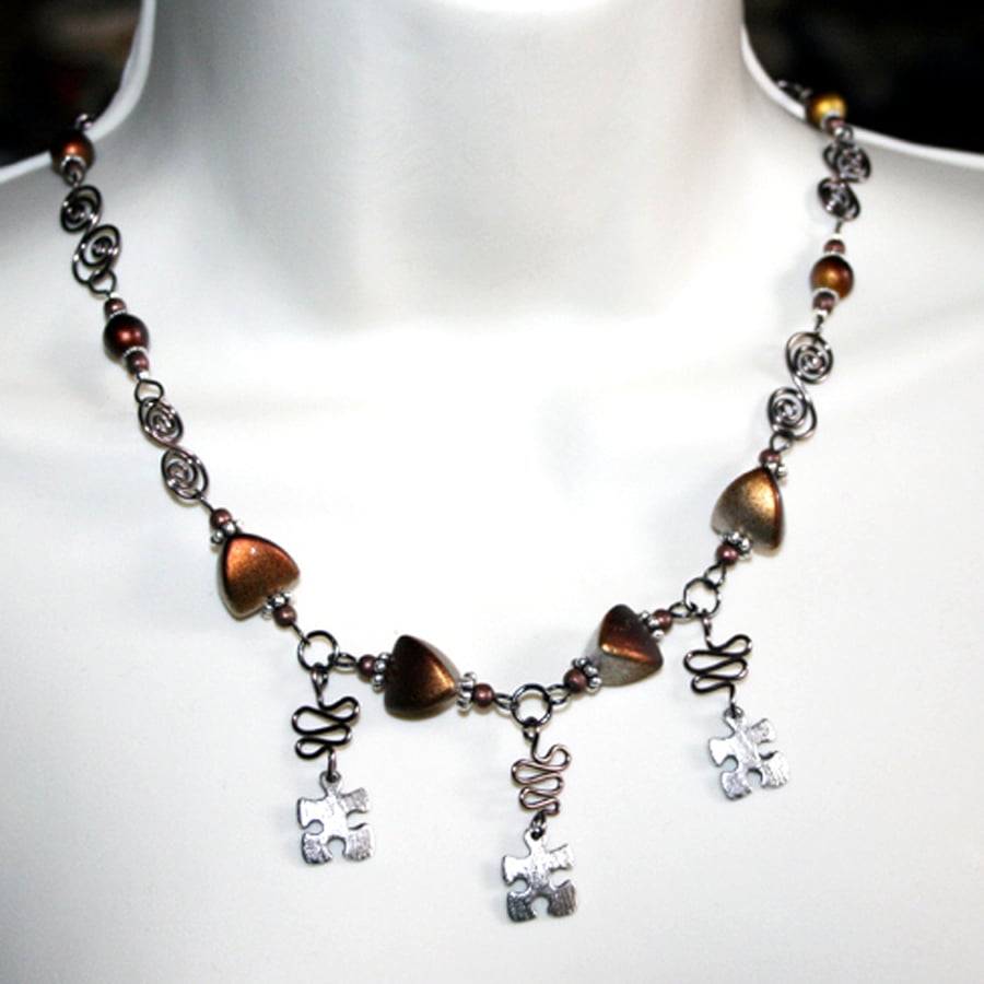 Copper & Silver Puzzle Piece Charm Necklace - Wirework Statement Jewellery