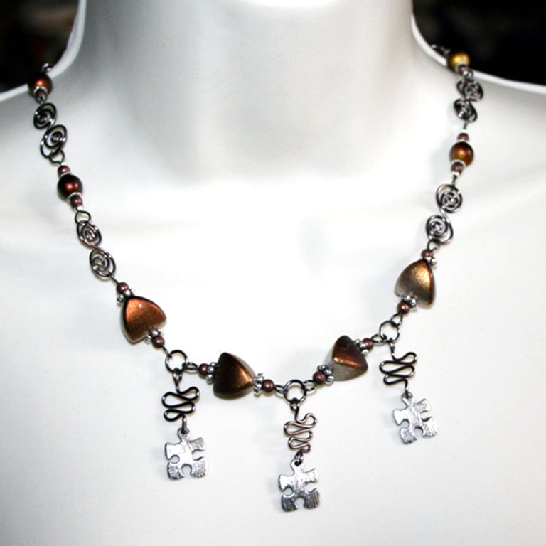 Copper & Silver Puzzle Piece Charm Necklace - Wirework Statement Jewellery