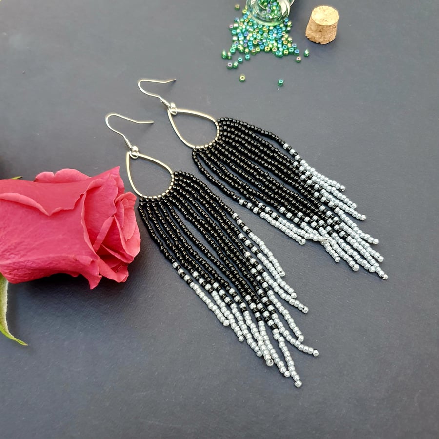 Long dangle beaded earrings Seed bead earrings Fringe earrings Black and grey ea