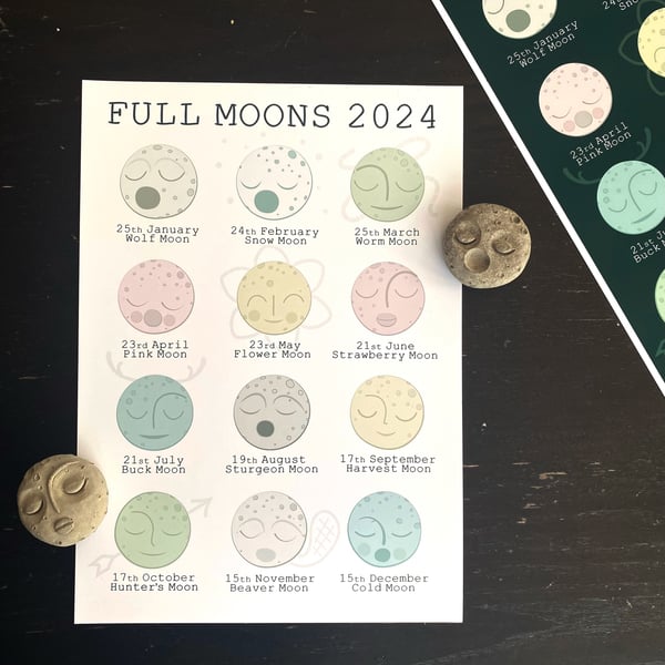 Full moons of 2024 Lunar Calendar A4 Art print