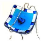 Fused Glass Dichroic Heart Dish 7.5cm Bright Turquoise Trinket 