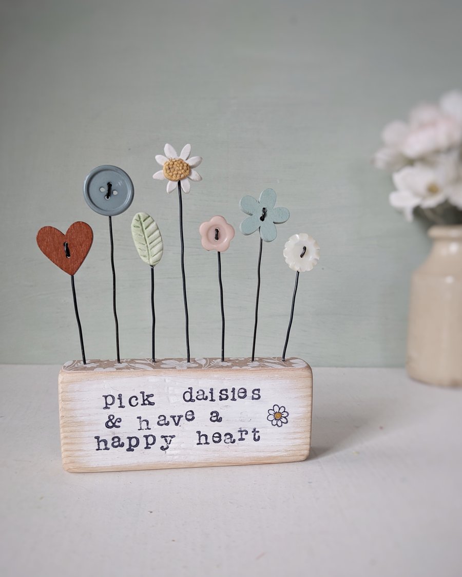 Clay and Button Flower Garden in a Wood Block 'pick daisies'