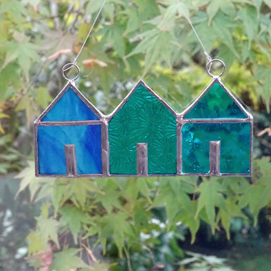 Stained Glass Suncatcher Beach Huts - Hanging Decoration - Turquoise and Teal