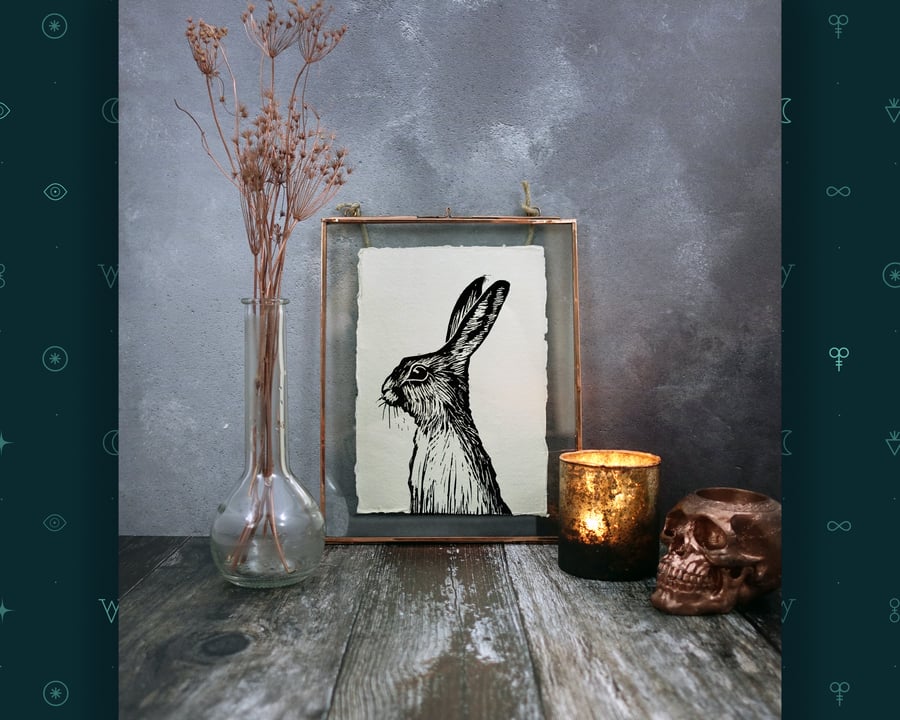 Hare Lino Print, Rabbit Print, Linocut, Printmaking, Witch Gift, Gothic Decor