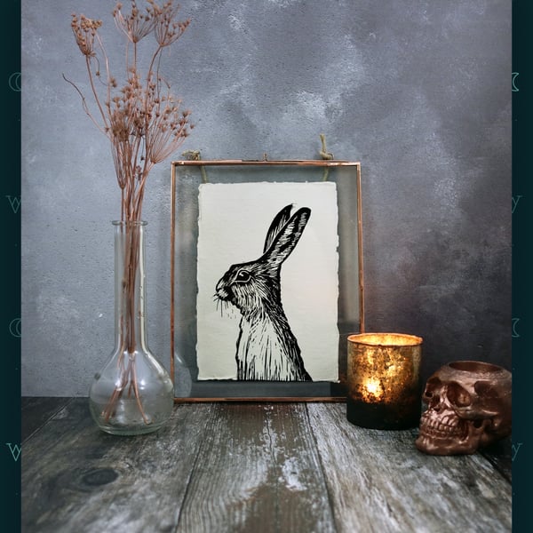 Hare Lino Print, Rabbit Print, Linocut, Printmaking, Witch Gift, Gothic Decor