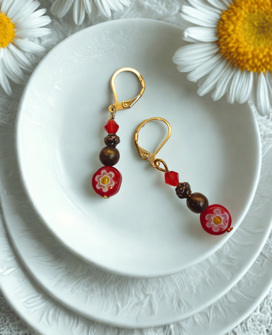 Red Millefiori Daisy Earrings 