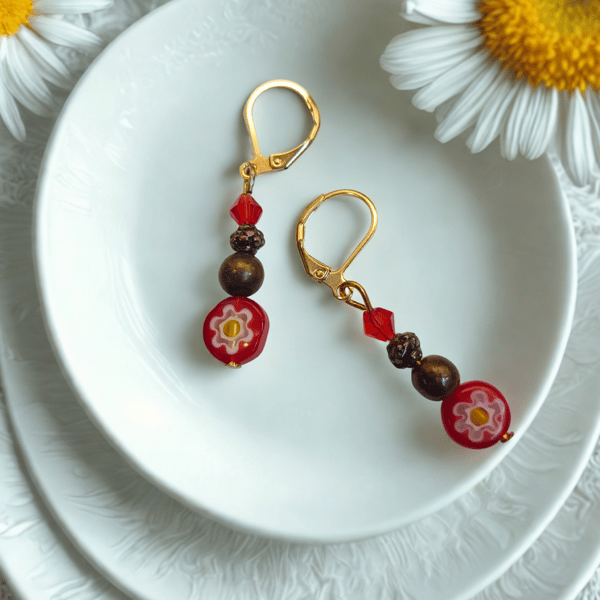 Red Millefiori Daisy Earrings 