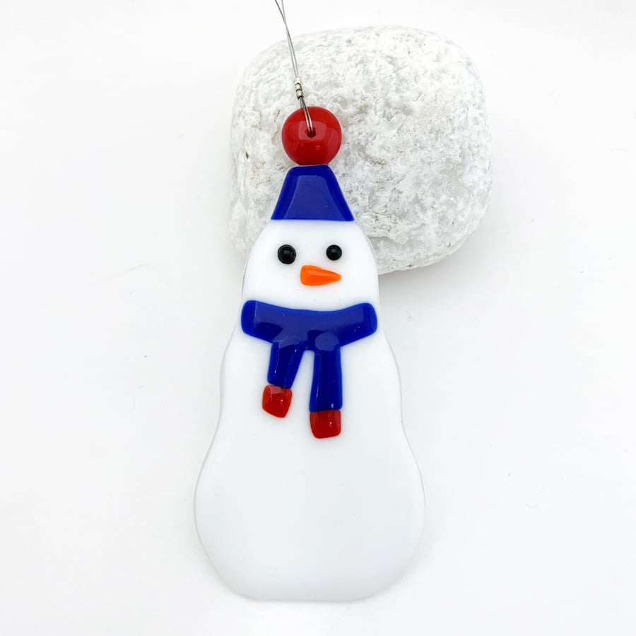 Seconds Sale - Fused Glass Snowman Hanging 2 - Handmade Glass Decoration
