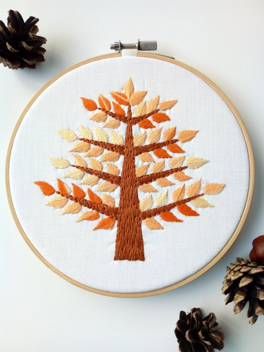 Autumn Tree Hand Embroidered Hoop Art