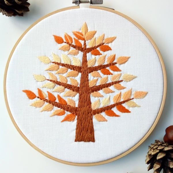 Autumn Tree Hand Embroidered Hoop Art