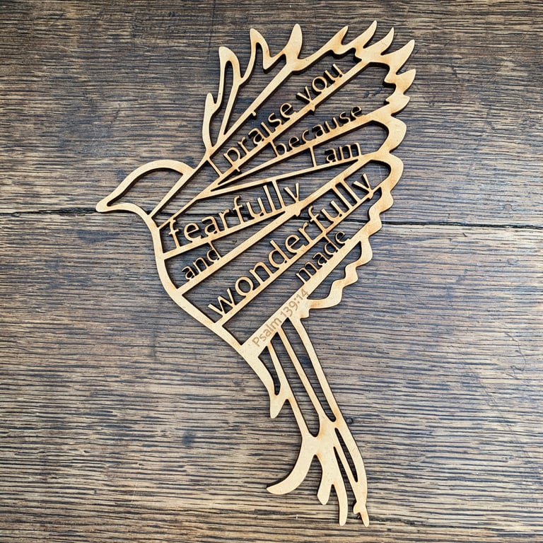 'Laser Tweet' - Psalm 139:14 (wood, 18cm)