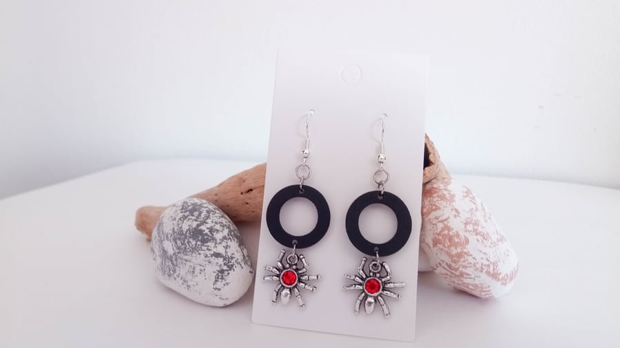 Silver Spider with Red Glass Gem and Black Wood Hoop Earrings
