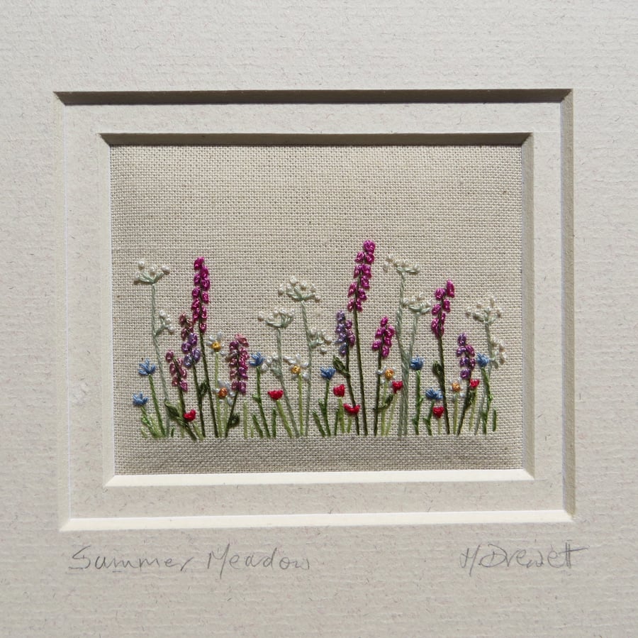 Freestyle hand-stitched fine embroidery, framed, entitled Summer Meadow
