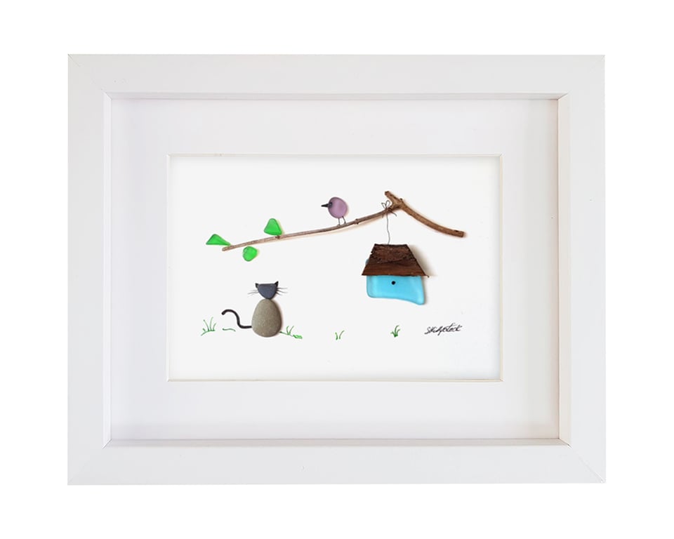 Cat Watching Bird - Sea Glass & Pebble Picture - Framed Unique Handmade Art