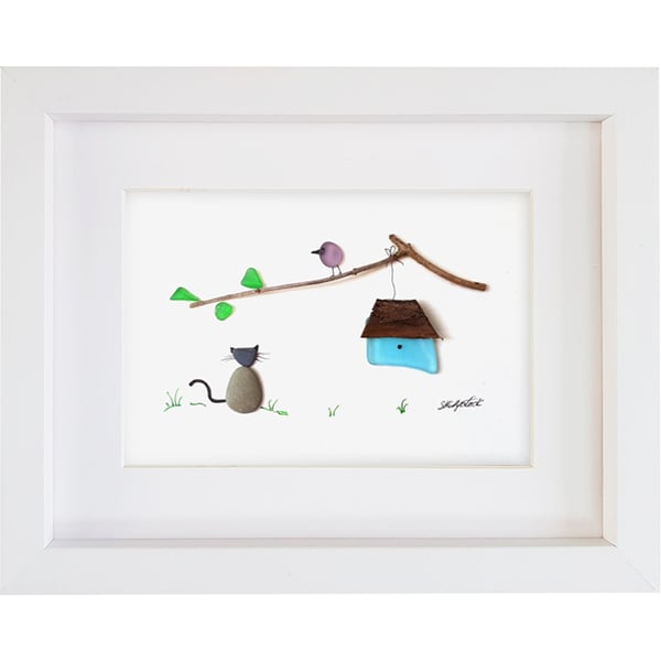 Cat Watching Bird - Sea Glass & Pebble Picture - Framed Unique Handmade Art