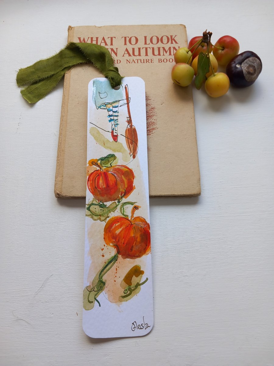 'October' Hand drawn and painted bookmark with silk ribbon '