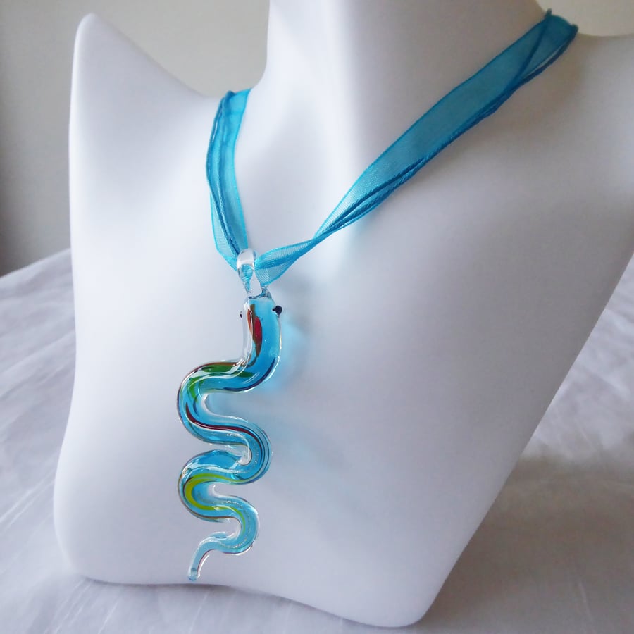 Blue Ribbon & Cord Adjustable Necklace C with Lampwork Glass Snake