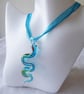 Blue Ribbon & Cord Adjustable Necklace C with Lampwork Glass Snake