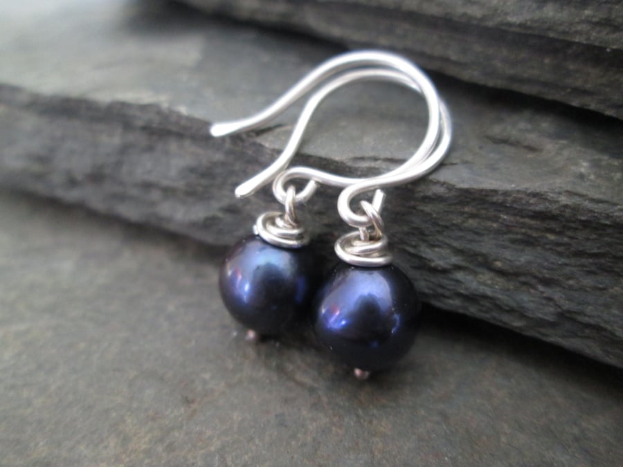 Blue Pearl Earrings - Pearl Drop Earrings, Blue Pearl, Wire Wrapped Jewellery
