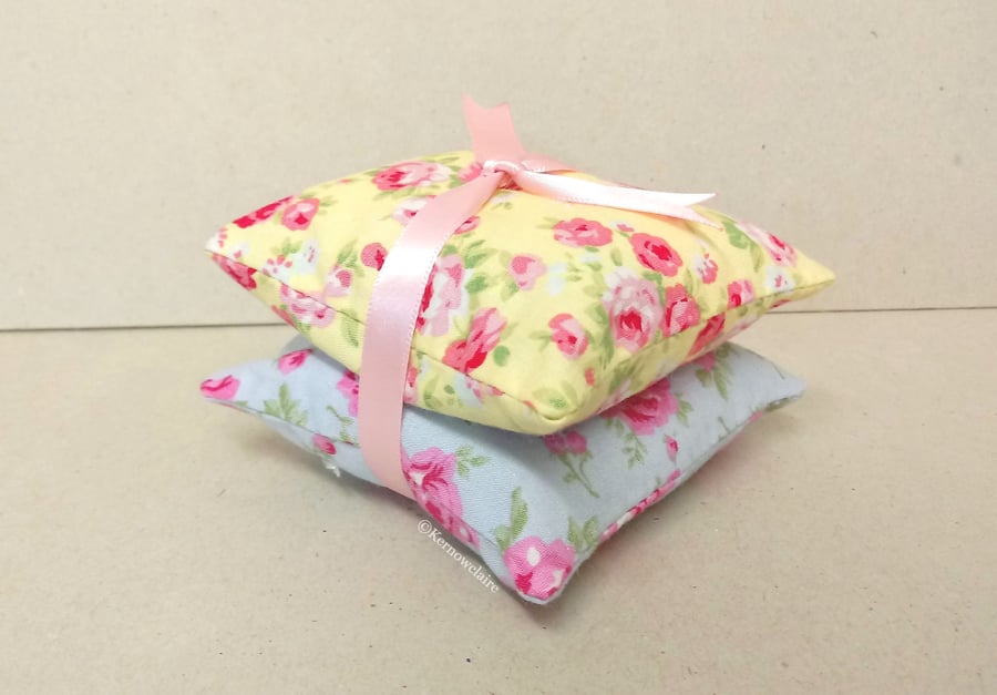 Lavender bags in yellow and blue with pink flowers, 