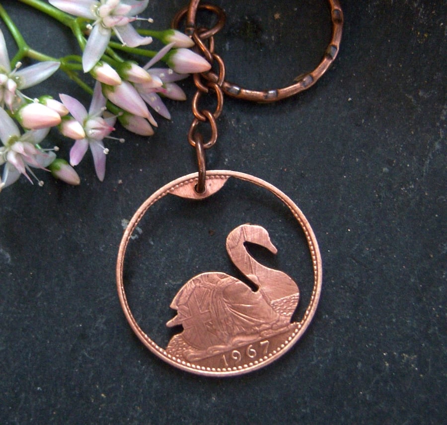 Seconds Sunday - Swan keyring cut from bronze penny coin