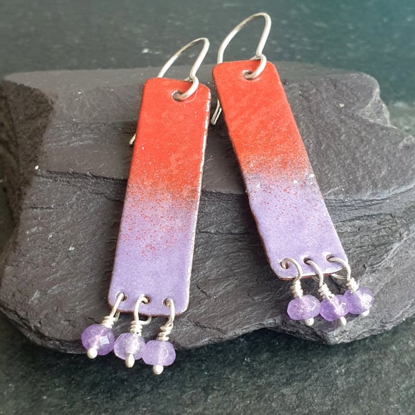 Lilac and red enamel earrings, Amethyst gemstones